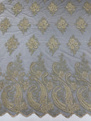 Metallic Corded Lace - Gold on Black - Paisley Floral Fabric with Metallic Thread on a Mesh Lace By Yard