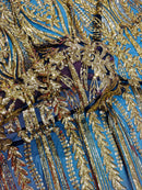 Mermaid Design Sequins Fabric - Gold on Black - Sequins Fabric 4 Way Stretch on Mesh By Yard