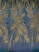Wavy Leaf Sequins Fabric - Gold on Black - Wavy Lines and Leaves Design on Lace Mesh Fabric by Yard