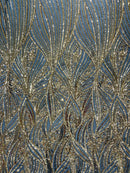 Curvy Line Design Fabric - Gold on Black - 4 Way Stretch Sequins Design Mesh Lace Fabric by Yard