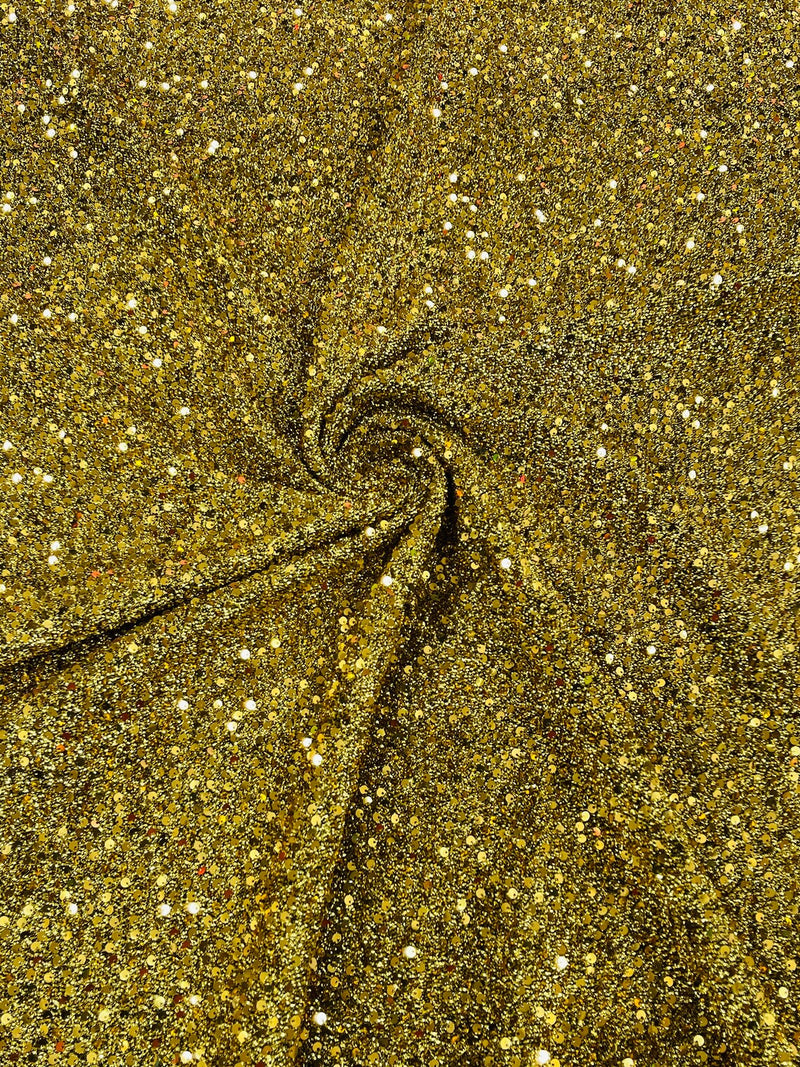Sequins on Metallic Foil - Gold on Black - 5mm Sequins Confetti 2Way Stretch Spandex Fabric by yard