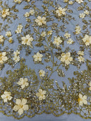 3D Flower Glitter Fabric - Gold on Black - Floral Glitter Sequin Design on Lace Mesh Fabric by Yard