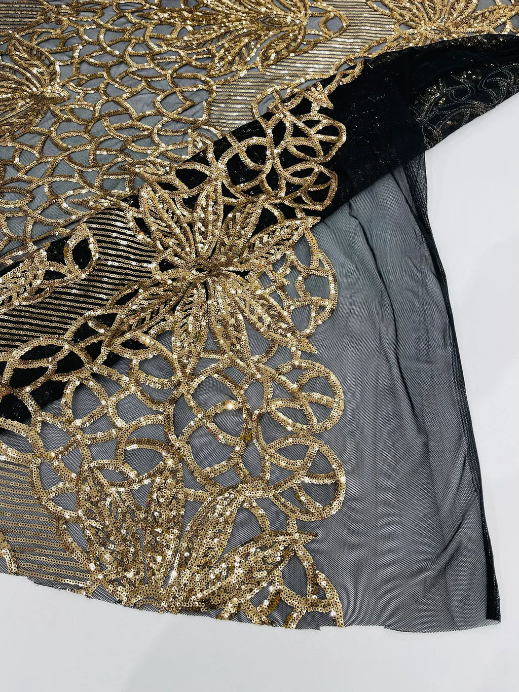 Elegant Floral Leaf Design - Gold on Black - 4 Way Stretch Sequins Lace Spandex Fabric By Yard