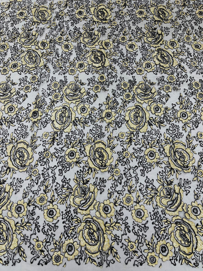 3D Rose Chunky Glitter Fabric - Gold on Black - Rose Floral Design Glitter on Tulle Fabric Sold by Yard