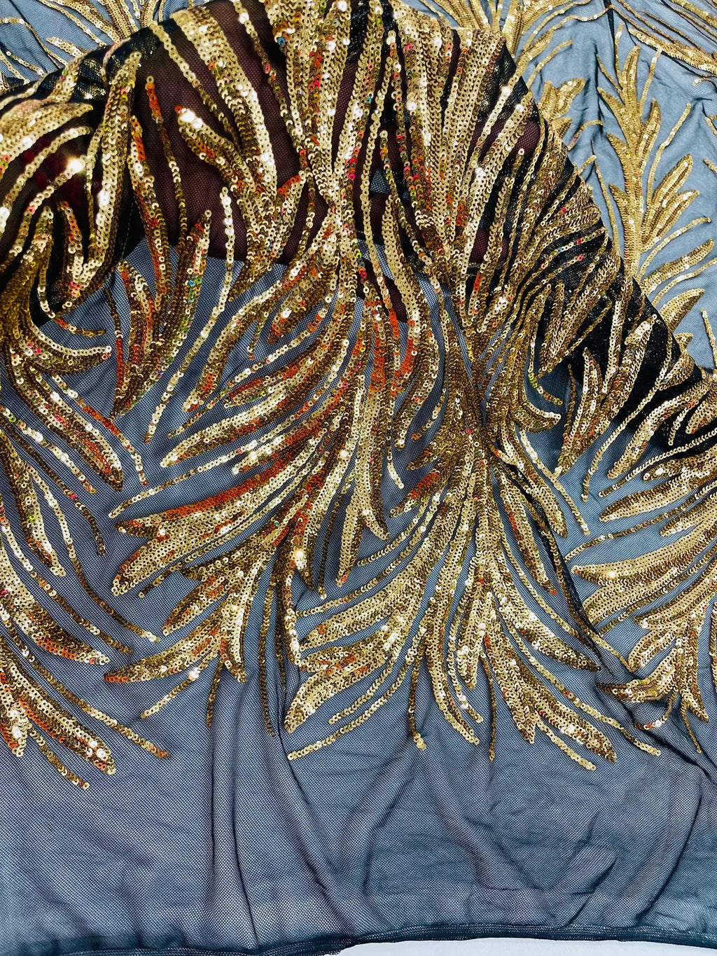 Leaf Design Stretch Sequins - Gold on Black - 4 Way Stretch Lace Mesh Sequins Fabric by Yard