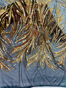 Leaf Design Stretch Sequins - Gold on Black - 4 Way Stretch Lace Mesh Sequins Fabric by Yard