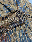 Wavy Leaf Sequins Fabric - Gold on Black - Wavy Lines and Leaves Design on Lace Mesh Fabric by Yard