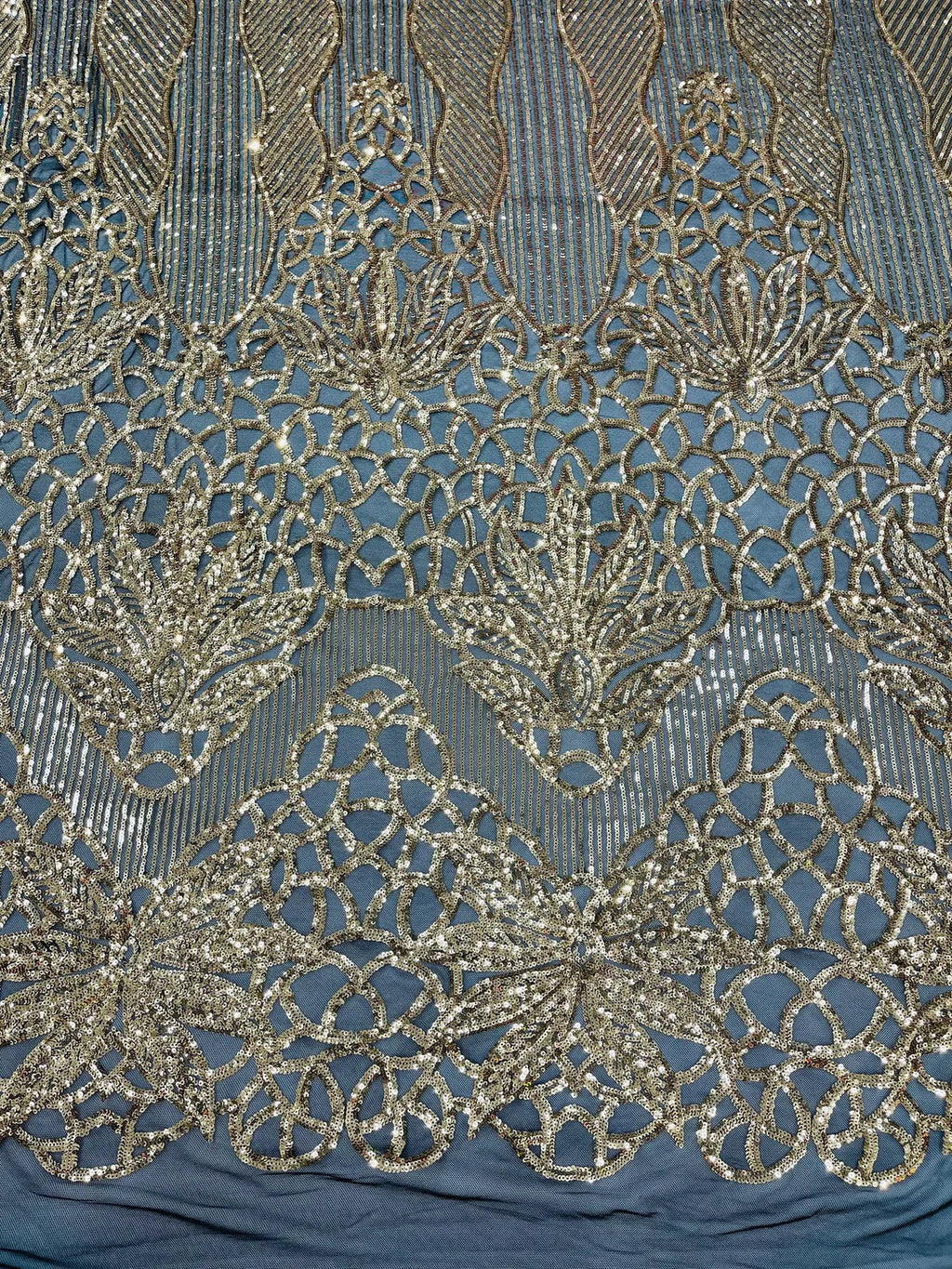 Elegant Floral Leaf Design - Gold on Black - 4 Way Stretch Sequins Lace Spandex Fabric By Yard