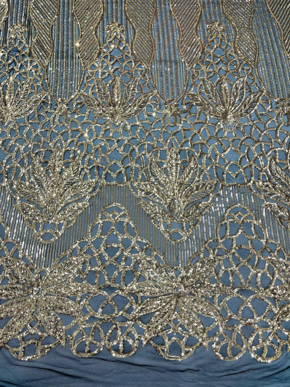 Elegant Floral Leaf Design - Gold on Black - 4 Way Stretch Sequins Lace Spandex Fabric By Yard