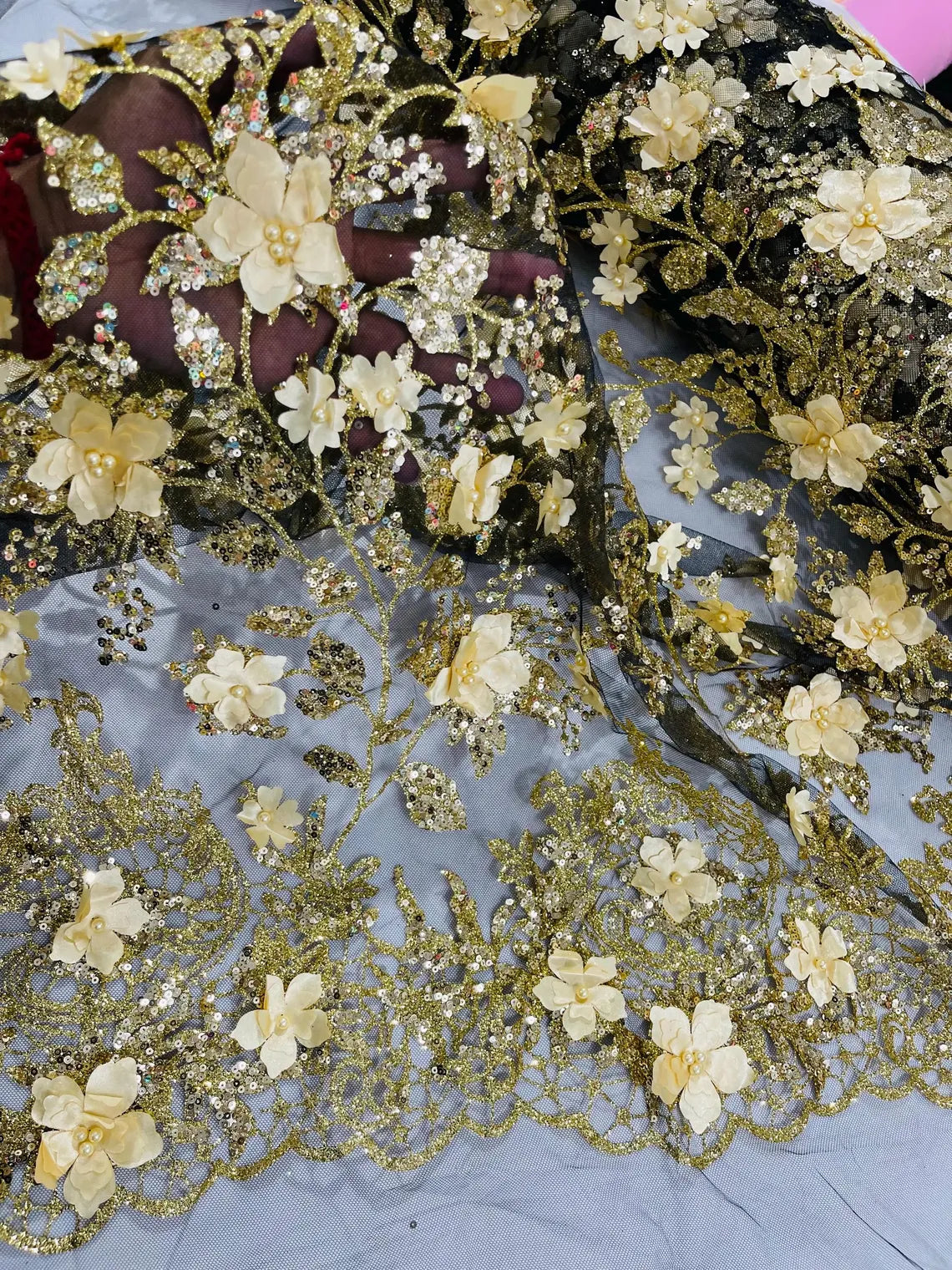 3D Flower Glitter Fabric - Gold on Black - Floral Glitter Sequin Design on Lace Mesh Fabric by Yard