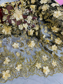 3D Flower Glitter Fabric - Gold on Black - Floral Glitter Sequin Design on Lace Mesh Fabric by Yard