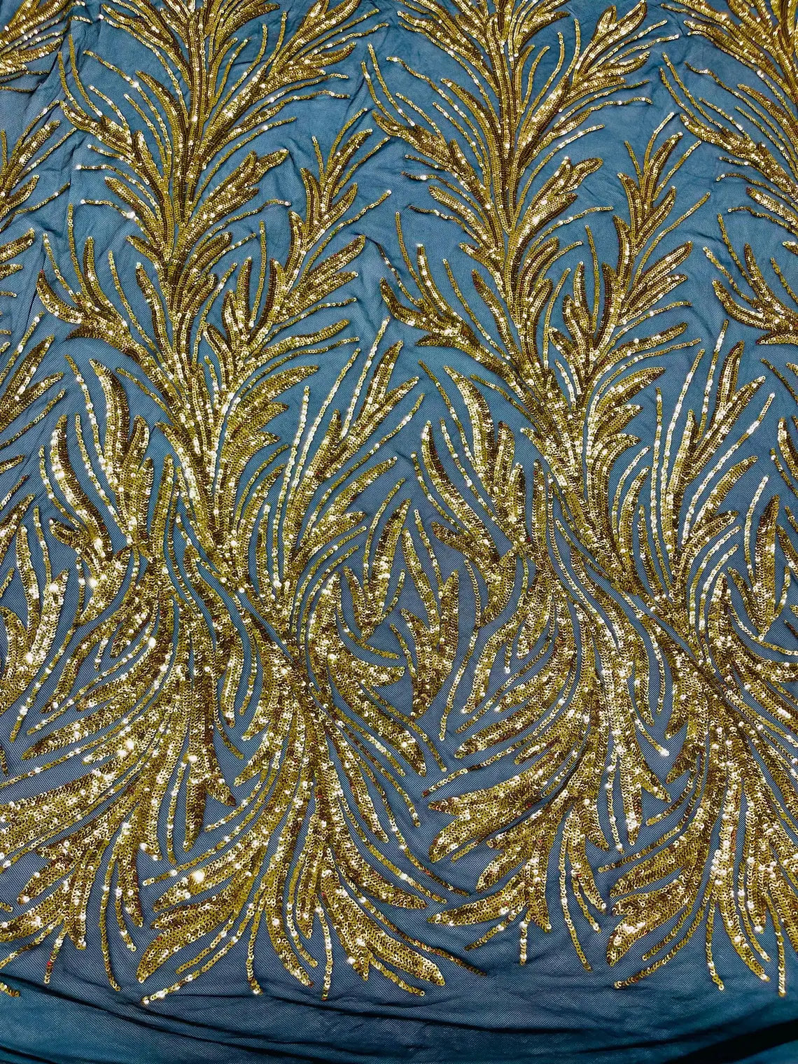 Leaf Design Stretch Sequins - Gold on Black - 4 Way Stretch Lace Mesh Sequins Fabric by Yard