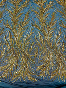 Leaf Design Stretch Sequins - Gold on Black - 4 Way Stretch Lace Mesh Sequins Fabric by Yard