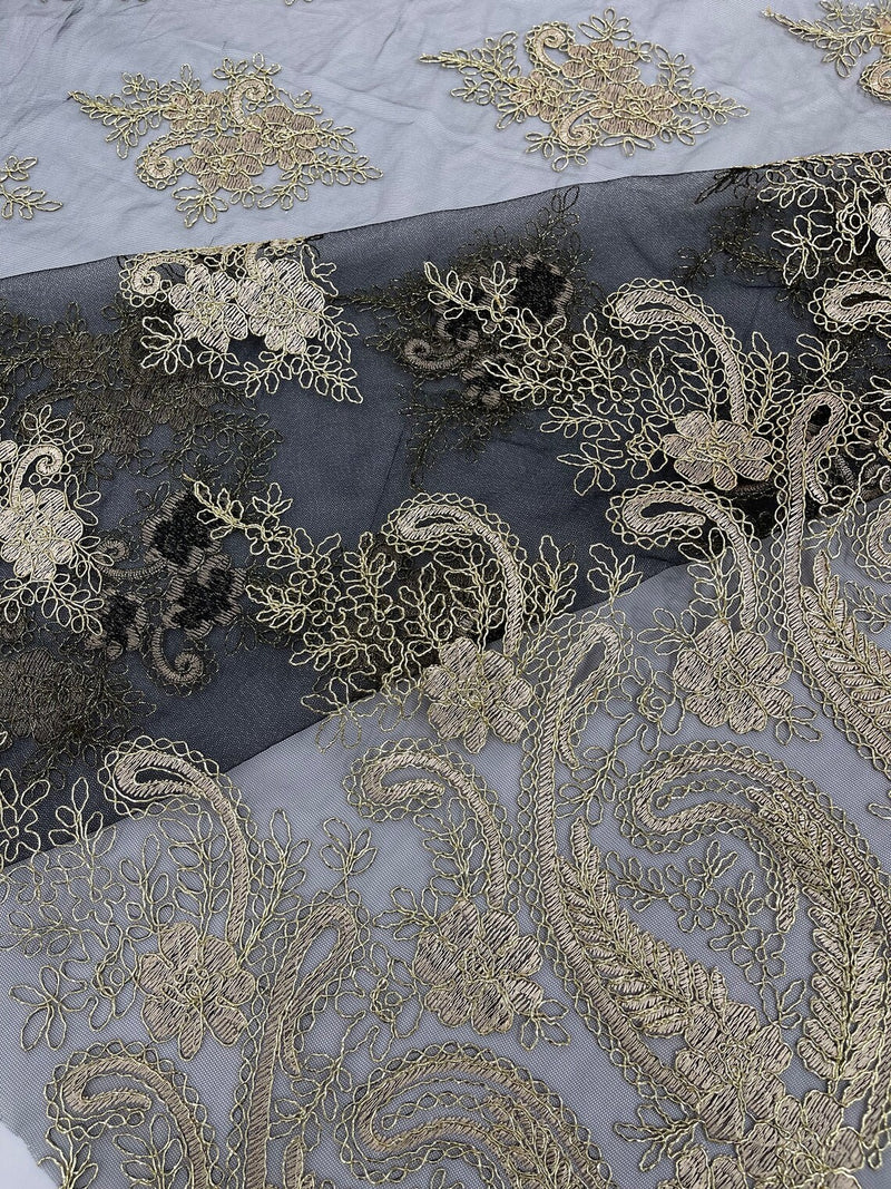 Metallic Corded Lace - Gold on Black - Paisley Floral Fabric with Metallic Thread on a Mesh Lace By Yard