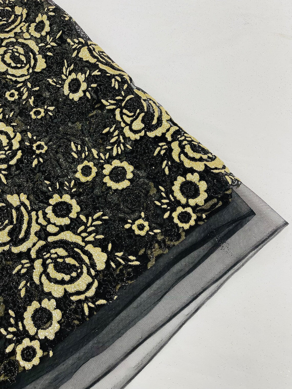 3D Rose Chunky Glitter Fabric - Gold on Black - Rose Floral Design Glitter on Tulle Fabric Sold by Yard