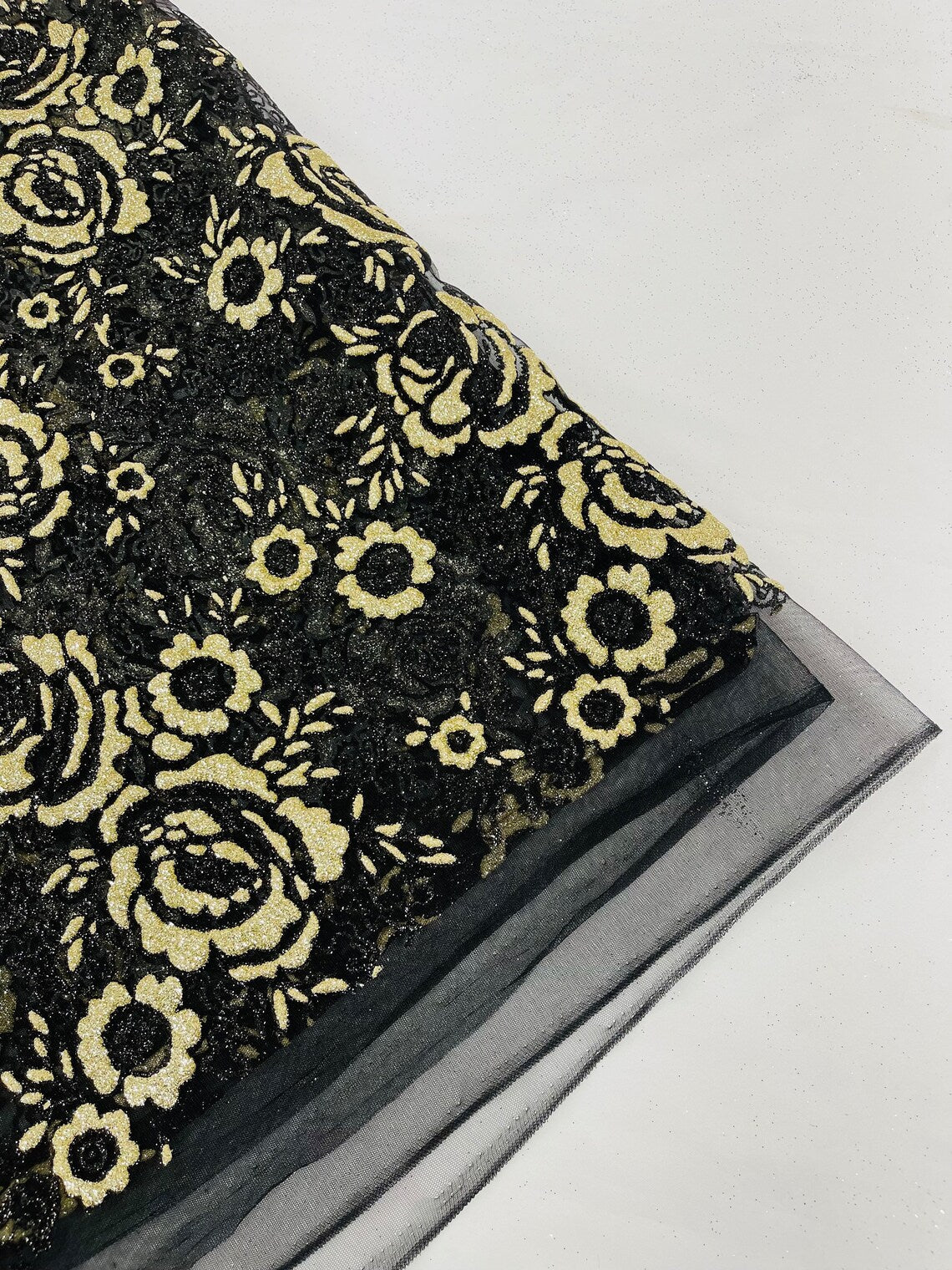 3D Rose Chunky Glitter Fabric - Gold on Black - Rose Floral Design Glitter on Tulle Fabric Sold by Yard