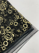 3D Rose Chunky Glitter Fabric - Gold on Black - Rose Floral Design Glitter on Tulle Fabric Sold by Yard