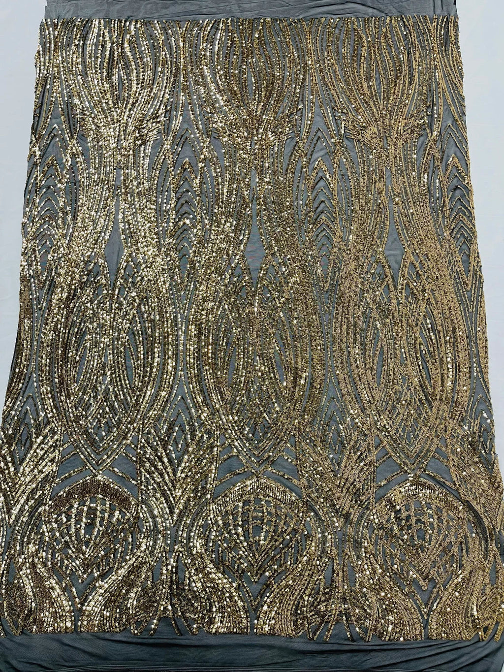 Long Wavy Pattern Sequins - Gold on Black - 4 Way Stretch Sequins Fabric Line Design By Yard