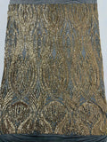 Long Wavy Pattern Sequins - Gold on Black - 4 Way Stretch Sequins Fabric Line Design By Yard