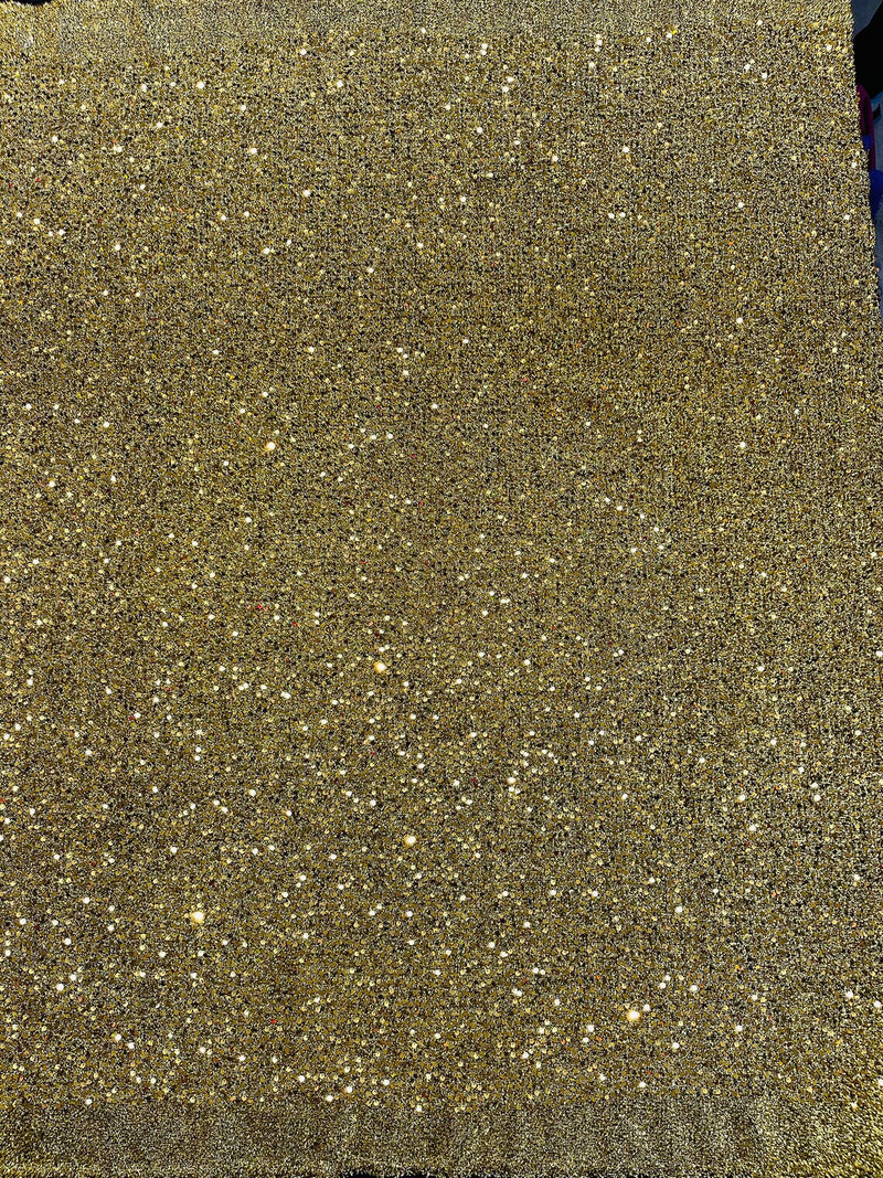 Sequins on Metallic Foil - Gold on Black - 5mm Sequins Confetti 2Way Stretch Spandex Fabric by yard
