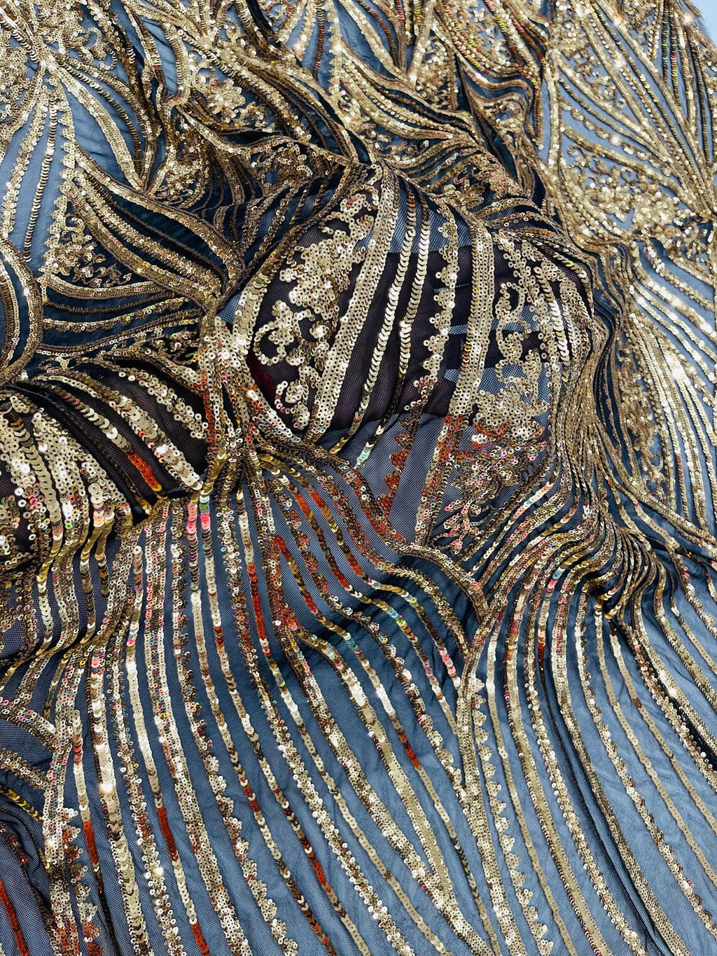 Curvy Line Design Fabric - Gold on Black - 4 Way Stretch Sequins Design Mesh Lace Fabric by Yard