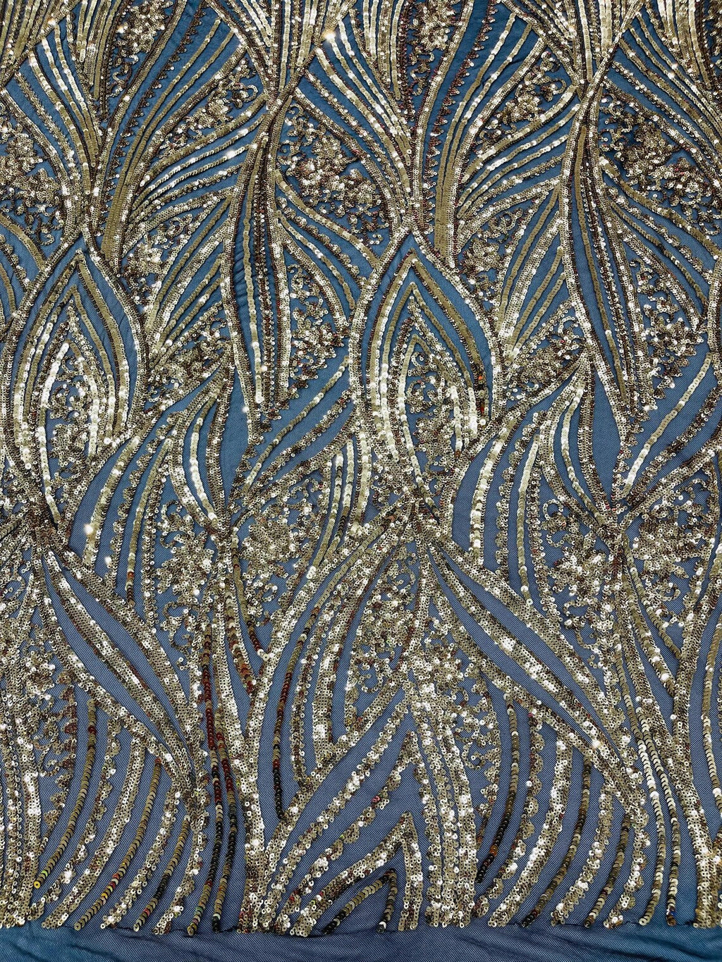 Curvy Line Design Fabric - Gold on Black - 4 Way Stretch Sequins Design Mesh Lace Fabric by Yard