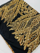 Mermaid Design Sequins Fabric - Gold on Black - Sequins Fabric 4 Way Stretch on Mesh By Yard