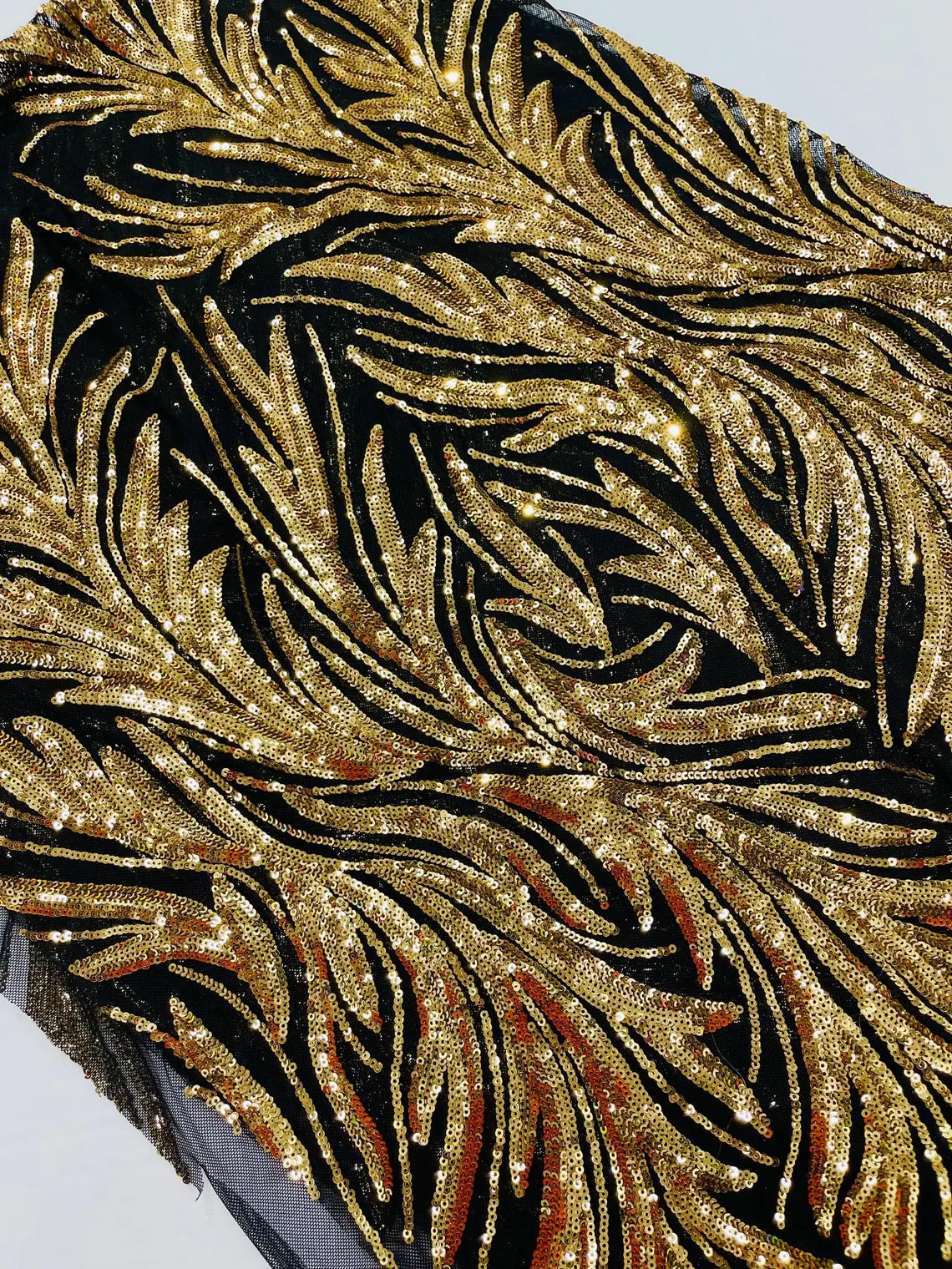 Leaf Design Stretch Sequins - Gold on Black - 4 Way Stretch Lace Mesh Sequins Fabric by Yard