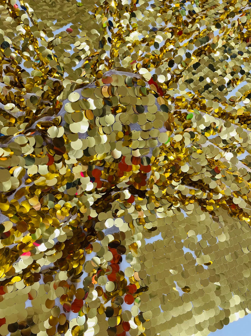 Round Large Sequins - Gold on Ivory - Paillette Large Round Sequins Design Fabric By Yard