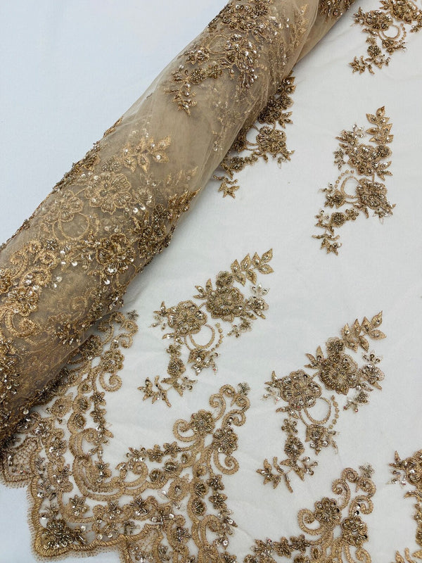 Beaded Floral Fabric - Gold - Embroidered Flower Cluster Beaded Fabric Sold By Yard