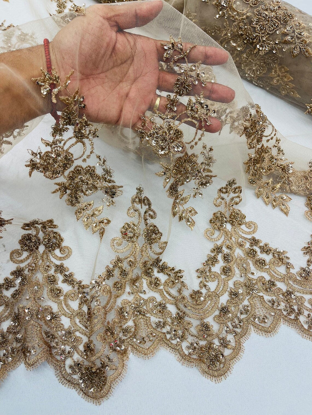 Beaded Floral Fabric - Gold - Embroidered Flower Cluster Beaded Fabric Sold By Yard