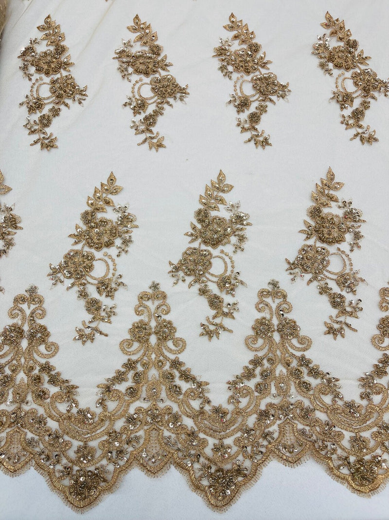 Beaded Floral Fabric - Gold - Embroidered Flower Cluster Beaded Fabric Sold By Yard