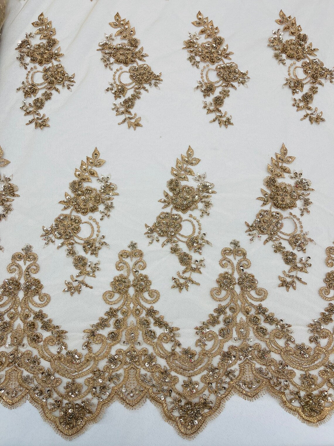 Beaded Floral Fabric - Gold #2 - Embroidered Flower Cluster Beaded Fabric Sold By Yard