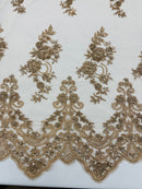 Beaded Floral Fabric - Gold - Embroidered Flower Cluster Beaded Fabric Sold By Yard
