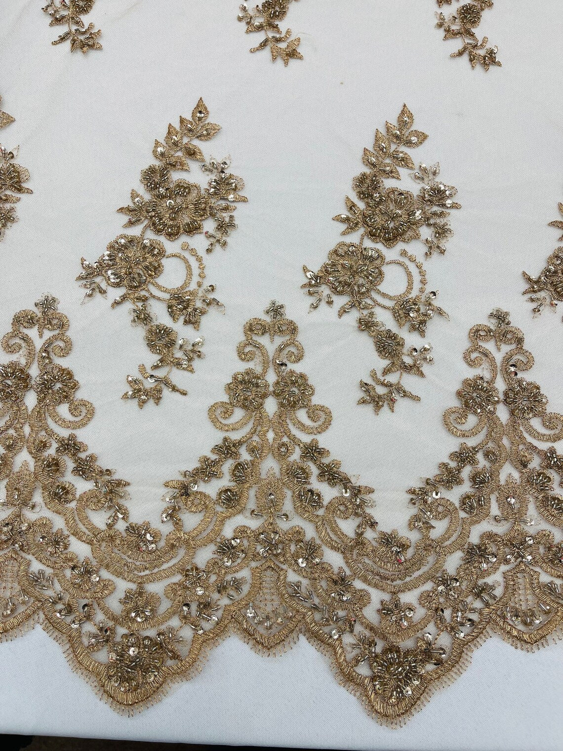 Beaded Floral Fabric - Gold #2 - Embroidered Flower Cluster Beaded Fabric Sold By Yard