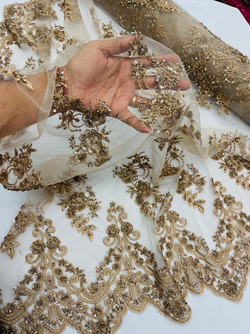 Beaded Floral Fabric - Gold - Embroidered Flower Cluster Beaded Fabric Sold By Yard