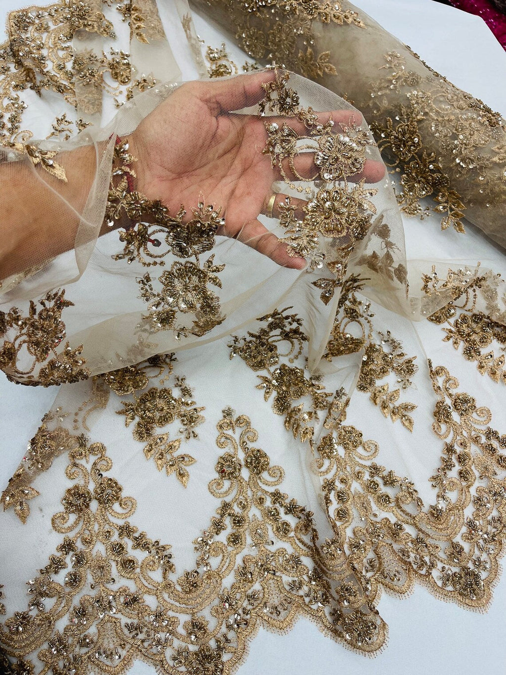 Beaded Floral Fabric - Gold #2 - Embroidered Flower Cluster Beaded Fabric Sold By Yard
