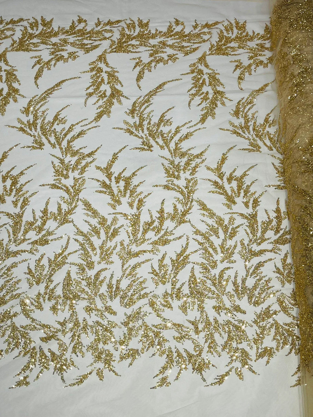 Leaf Plant Cluster Design Fabric - Gold - Beaded Embroidered Leaves Design on Lace Mesh By Yard