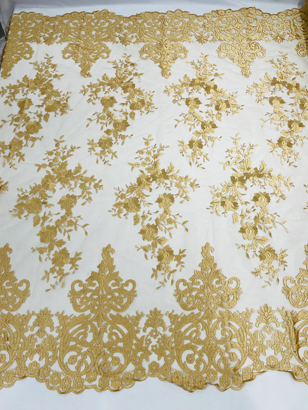 Damask Lace - Floral Damask Design Embroidered on Mesh Lace Fabric - 25 Yard Roll