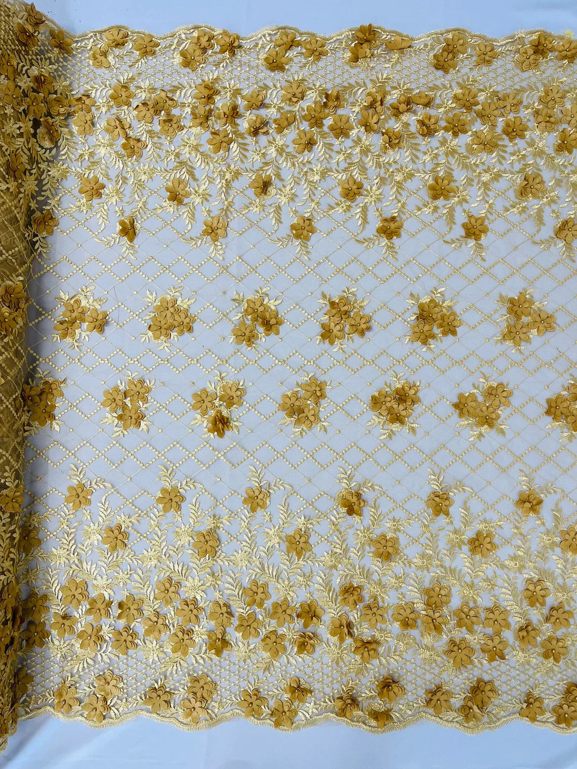 3D Floral Pearl Fabric - Gold - 3D Triangle Flower Design on Mesh By Yard
