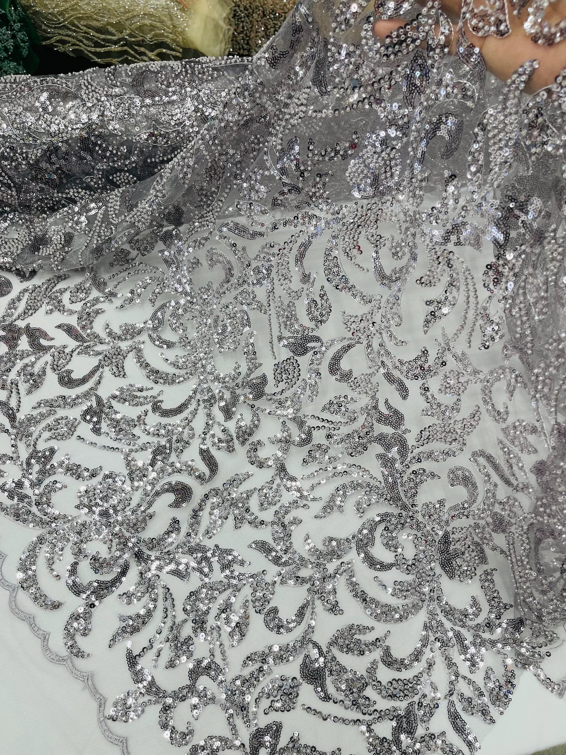 Beaded Flower Leaf Fabric - Gray - Shiny Beads and Sequins in Flower Design on Lace by Yard