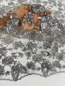 Butterfly Sequins Fabric - Gray - Metallic Floral Butterfly Design on Lace Fabric By Yard