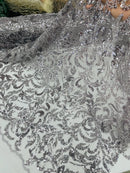 Beaded Flower Leaf Fabric - Gray - Shiny Beads and Sequins in Flower Design on Lace by Yard