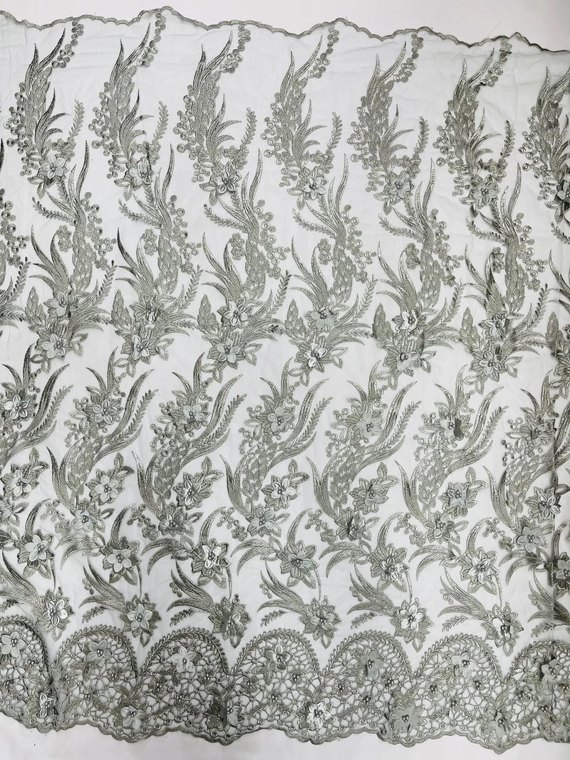 3D Floral Leaf Panels - Gray - Embroidered 3D Flower Lines with Pearls on Lace By Yard