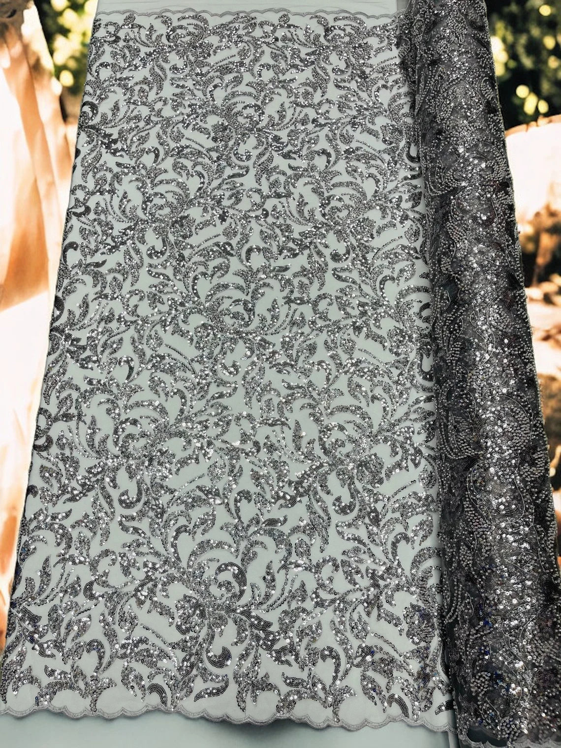 Beaded Flower Leaf Fabric - Gray - Shiny Beads and Sequins in Flower Design on Lace by Yard