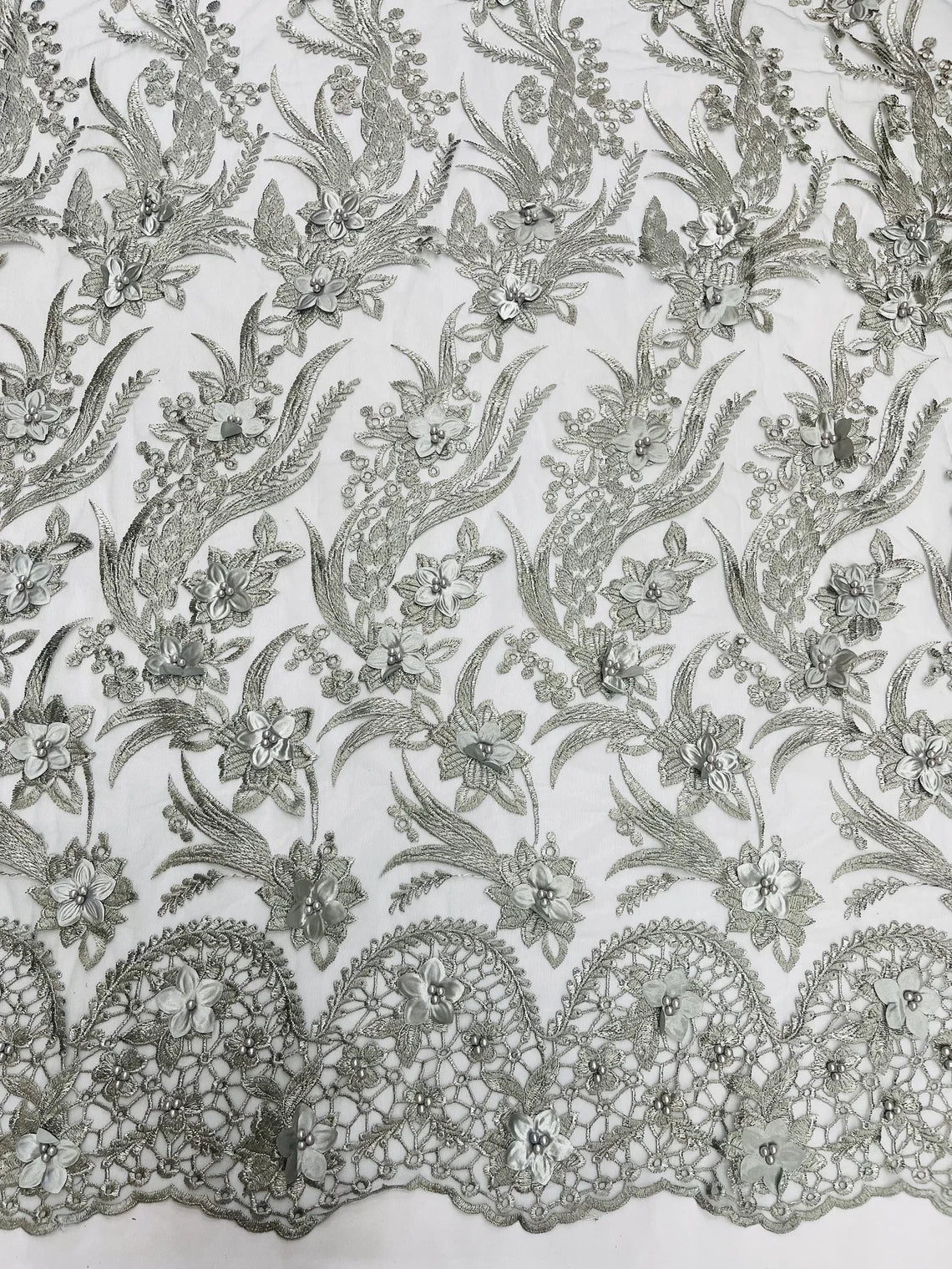3D Floral Leaf Panels - Gray - Embroidered 3D Flower Lines with Pearls on Lace By Yard