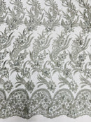 3D Floral Leaf Panels - Gray - Embroidered 3D Flower Lines with Pearls on Lace By Yard