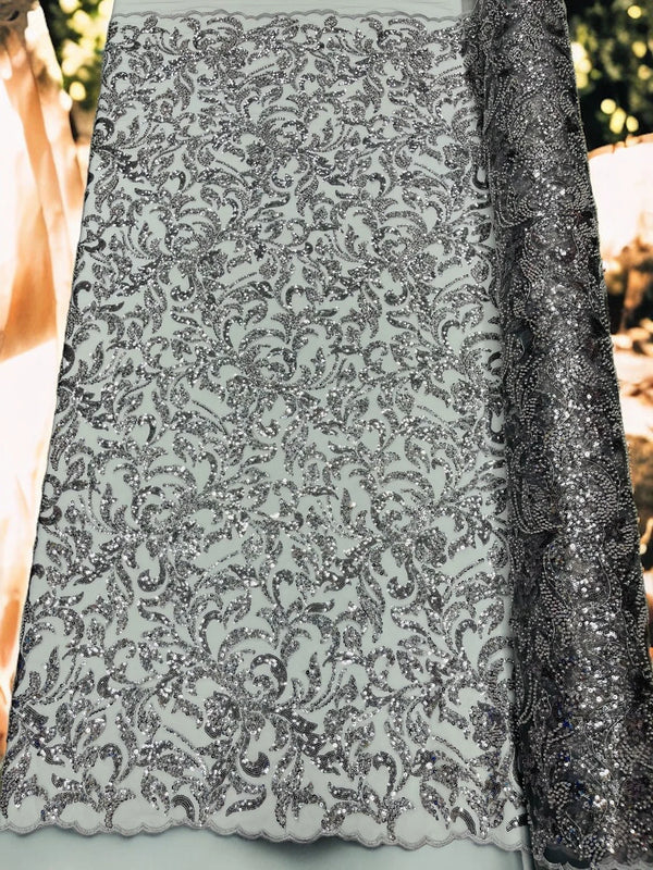 Beaded Flower Leaf Fabric - Gray - Shiny Beads and Sequins in Flower Design on Lace by Yard
