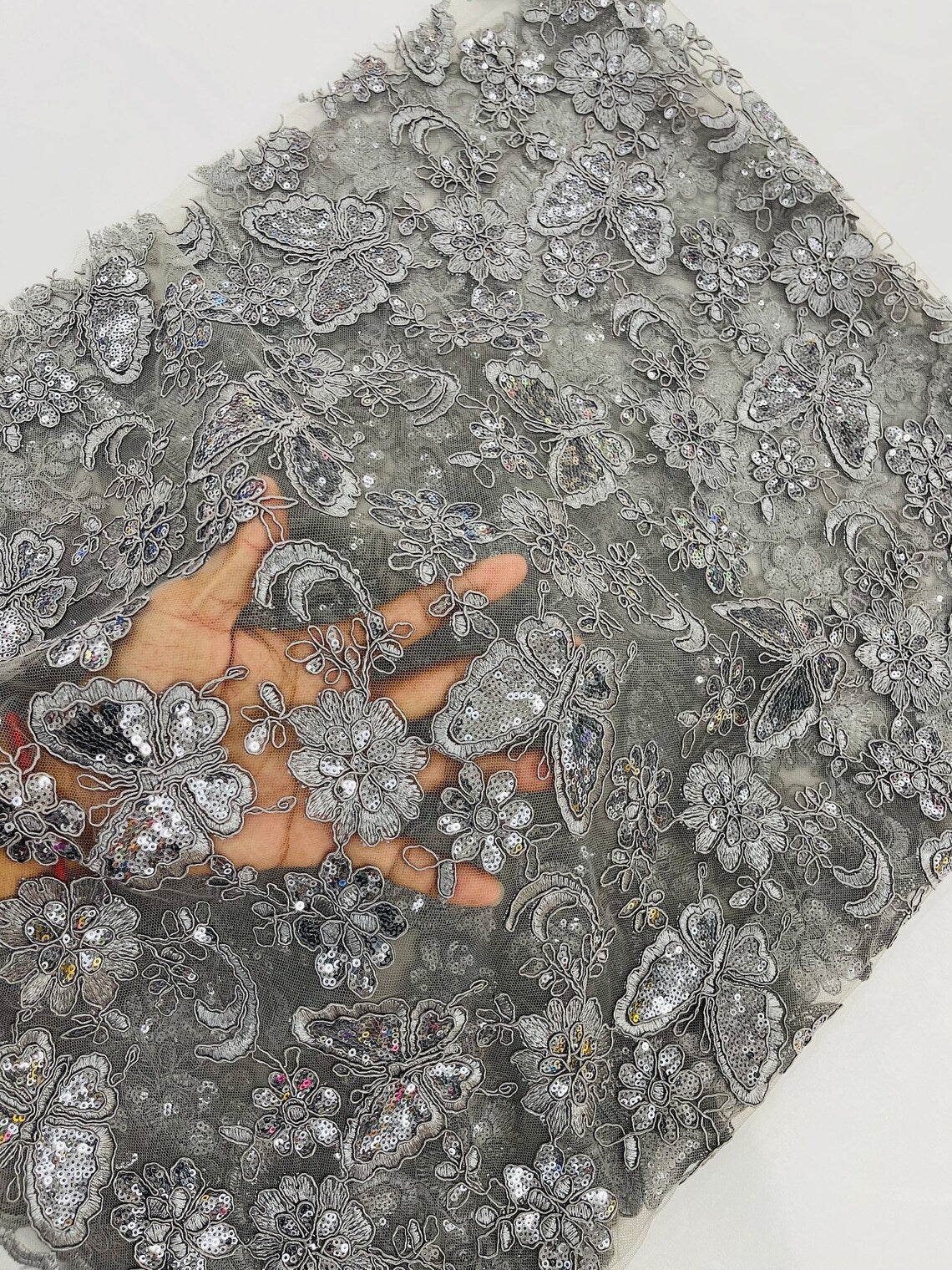 Butterfly Sequins Fabric - Gray - Metallic Floral Butterfly Design on Lace Fabric By Yard