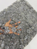 Butterfly Sequins Fabric - Gray - Metallic Floral Butterfly Design on Lace Fabric By Yard